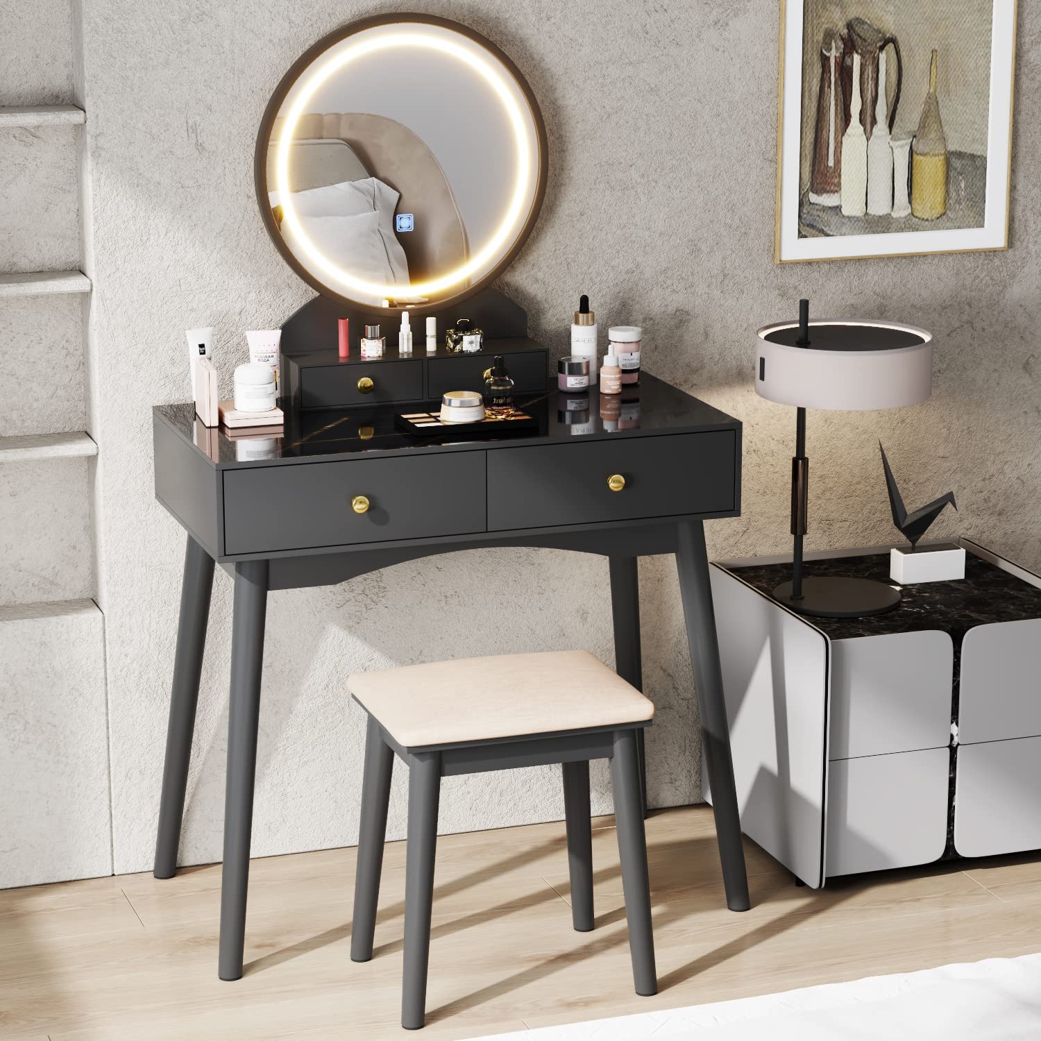 Furmax Modern Vanity Desk with LED Lighted Mirror, Makeup Vanity Table Set with Soft Cushioned Stool & 4 Storage Drawers - Adjustable Brightness, 3 Color Options (Black) | Perfect for Bedroom, Dressing Room & Home Beauty Station
