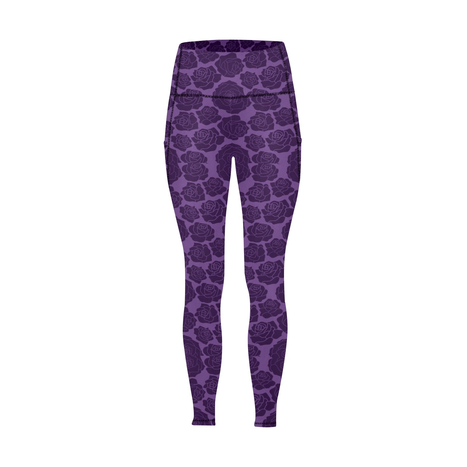 Gothic Purple Floral Print Leggings with Pockets - Women's High Waisted Yoga Pants for Workout, Running & Casual Wear