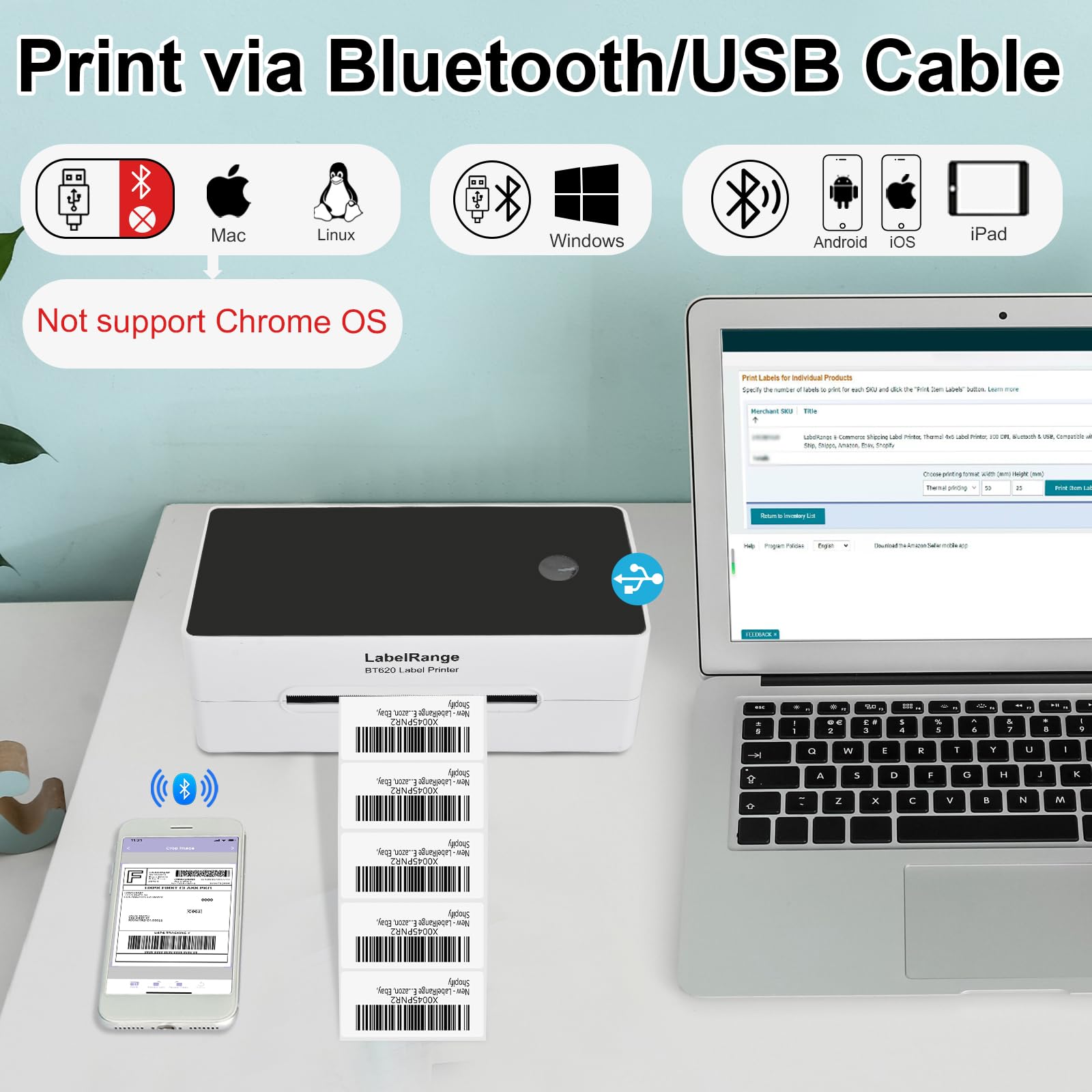 4x6 Thermal Shipping Label Printer - 300 DPI Bluetooth & USB Label Maker for Ecommerce | Compatible with USPS, Pirate Ship, Shippo, Amazon, eBay, Shopify | Works with iOS, Android, Windows | Perfect for Small Business Shipping & Online Store Fulfillment