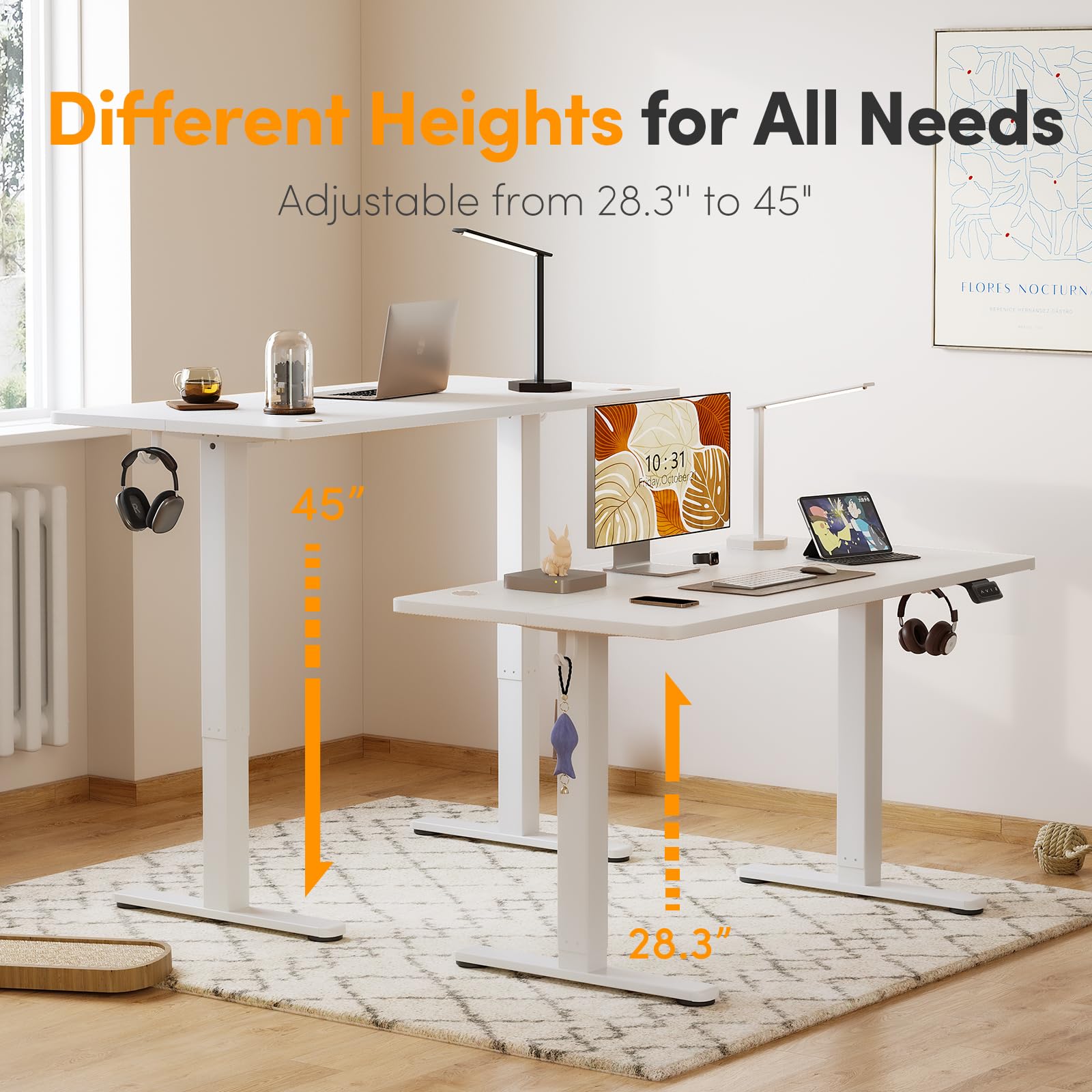 Cubiker Electric Standing Desk 48 x 24 Inches Height Adjustable Sit Stand Desk with Splice Board - White Top for Home Office, Gaming & Workspace Ergonomics