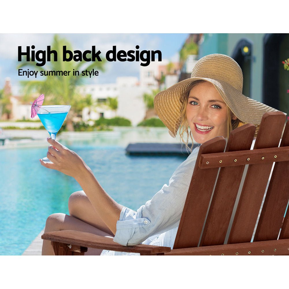 3-Piece Adirondack Outdoor Table and Chairs Set - Solid Wood Patio Furniture, Brown - Perfect for Beach, Garden, Deck, and Backyard Relaxation