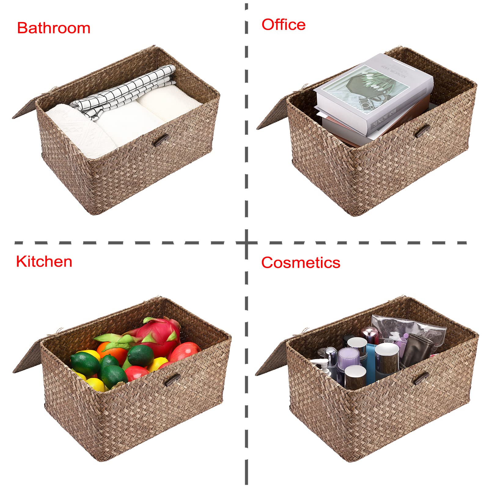 Hipiwe Wicker Storage Baskets with Lids - Handwoven Seagrass Rectangular Bins for Home Organization | Shelf, Wardrobe & Coffee Bar Storage | Large Household Storage Boxes for Bedroom, Bathroom & Living Room Decor