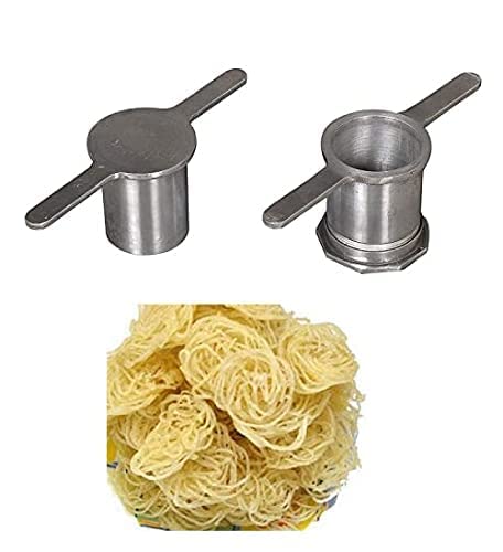Premium UROOJ Aluminum Kitchen Press with 5 Blades - Snack Maker, Noodles Press, Murukku Maker, Karampoosa Giddalu - Perfect for Homemade Chips, Pasta, and Traditional Indian Snacks (Silver)