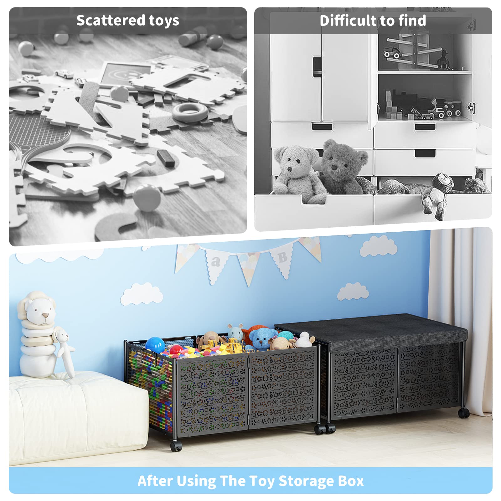 PHINOX 70L Large Toy Storage Box with Wheels - Collapsible Metal Toy Organizer Chest for Kids, Nursery & Playroom - 2 Pack for Boys & Girls | Perfect for Organizing Toys, Books & Games in Bedrooms, Daycares & Play Areas