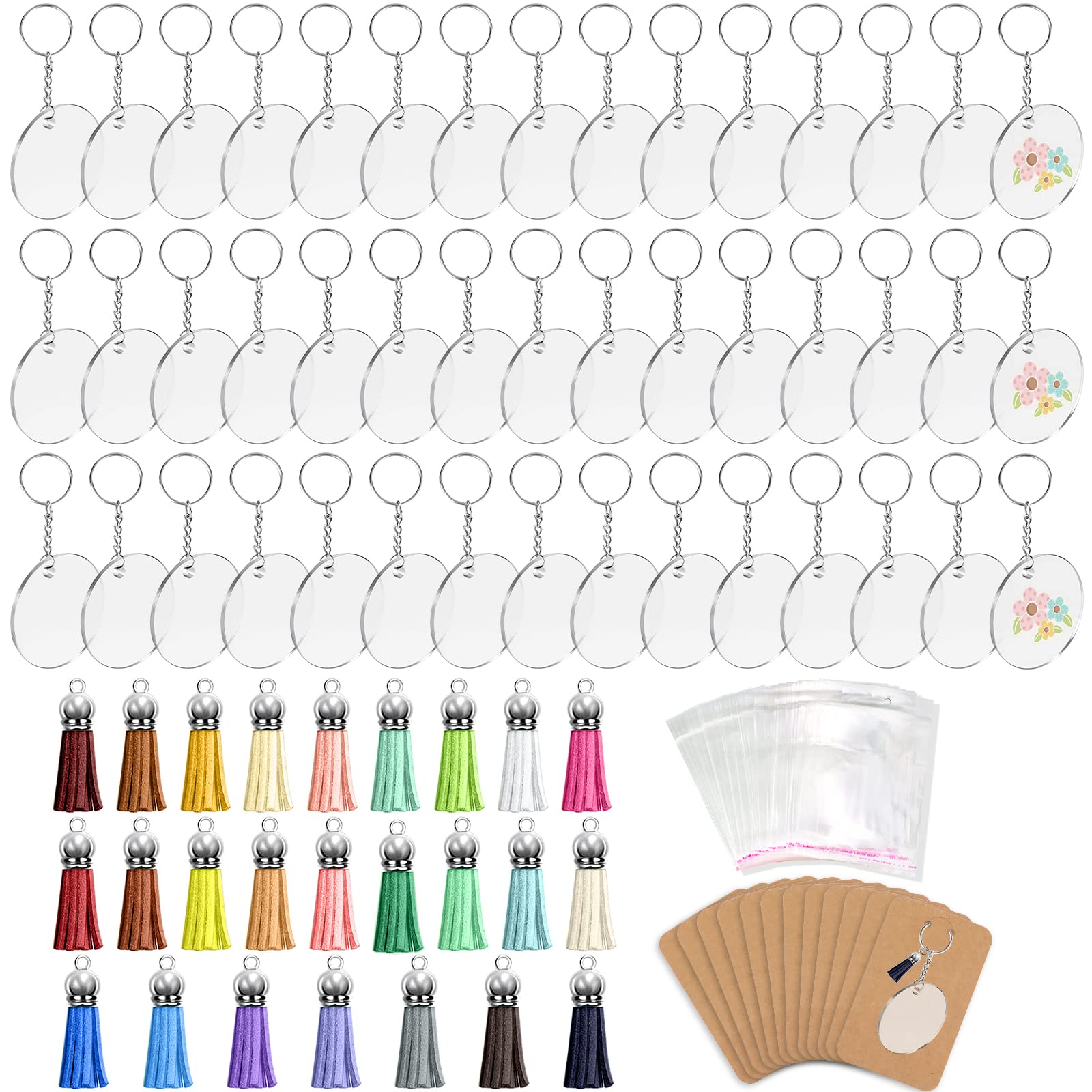 ZYNERY 300 Pcs Clear Acrylic Keychain Blanks Set - 2 Inch DIY Keychain Making Kit with Key Rings, Display Cards, Tassels & Jump Rings for Cricut Vinyl Crafting - Perfect for Custom Gifts, Party Favors & Craft Projects
