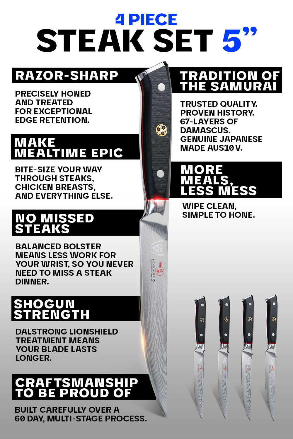 Premium 4-Piece Steak Knife Set - Dalstrong Shogun Series - Razor Sharp High Carbon Steel Blades - Perfect for Steak Dinners, BBQ Parties & Gourmet Cooking
