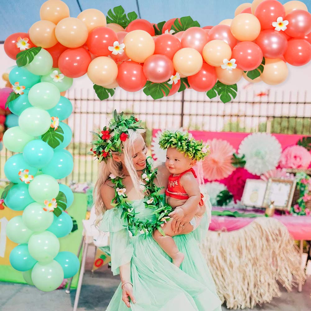 Tropical Balloon Garland Arch Kit - Hawaii Luau Party Decor with Palm Leaves & Plumeria Flowers for Summer Beach Parties, Baby Showers, Kids Birthdays, Bridal Showers & Tropical Themed Events