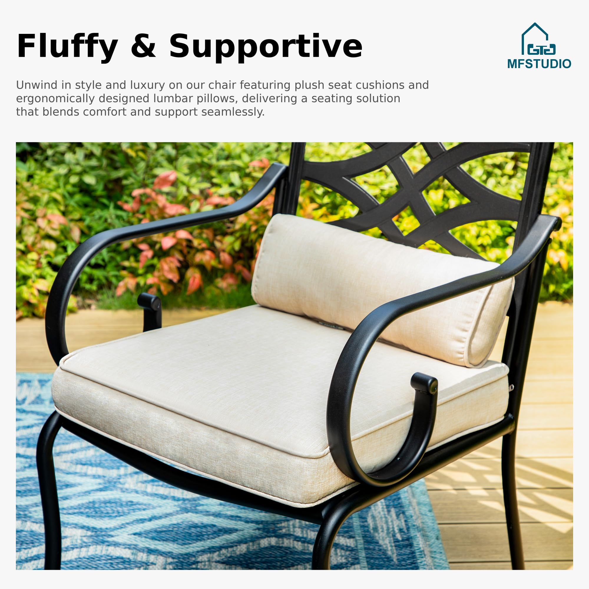 MFSTUDIO 5-Piece Outdoor Patio Dining Set with 4 Swivel Chairs & 1 Round Table - All-Weather Heavy Duty Black Metal Frame - Perfect for Backyard, Garden, Deck or Poolside Dining