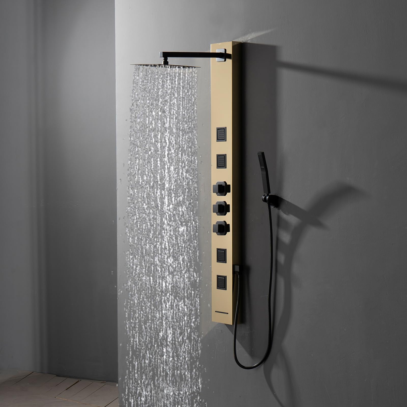 Homevacious Stainless Steel Shower Panel Tower System - Wall-Mounted Rainfall Shower Head with 4 Massage Jets, Handheld Shower & Tub Spout in Polished Gold | Luxury Bathroom Upgrade for Spa-Like Experience