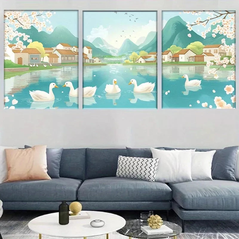3pcs Serene Ducks on Tranquil River Wall Art Set - Framed Canvas 50x70cm - High Quality Print - 100% Australian Made - Ready to Hang - Perfect for Living Room, Bedroom & Office Decor