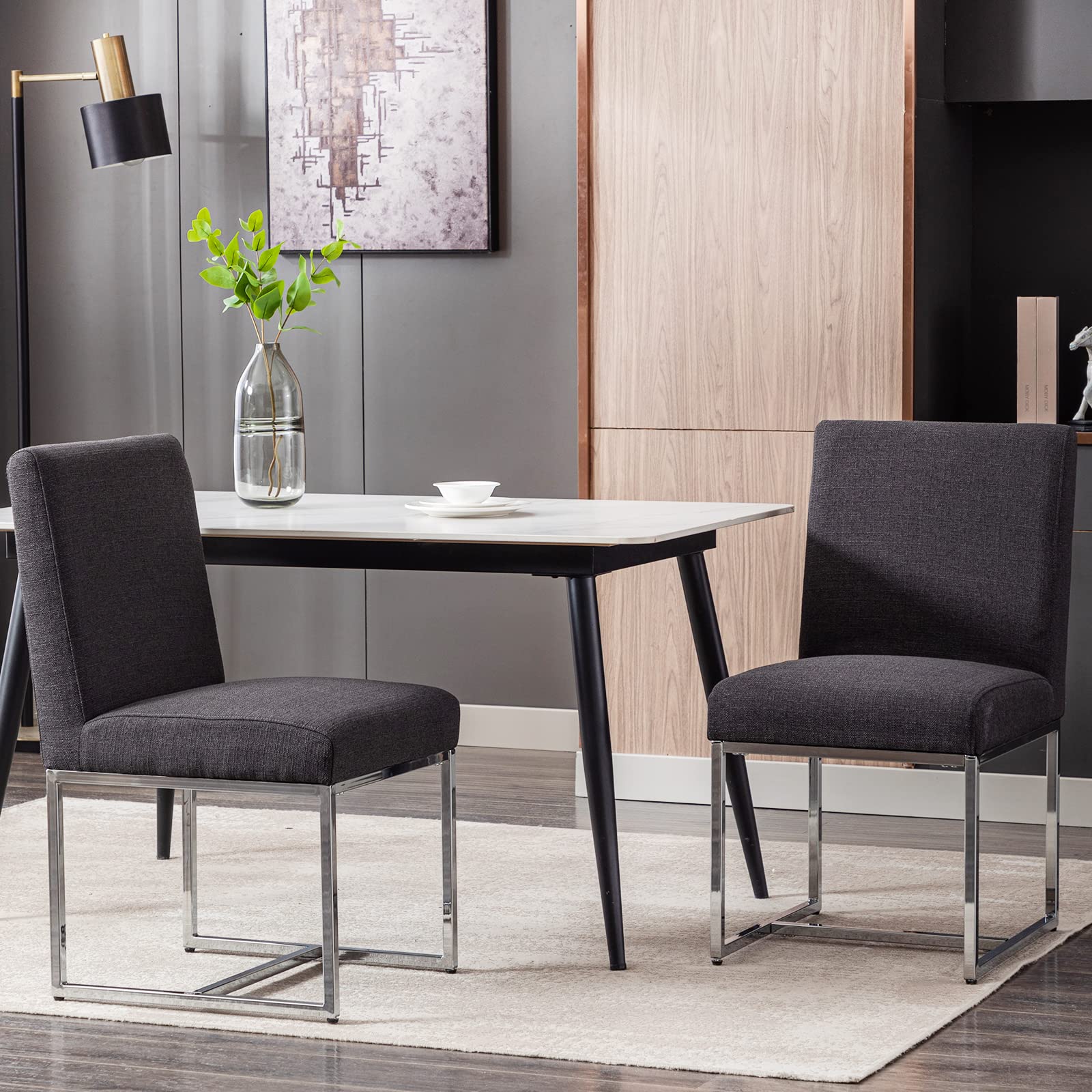 Modern Dining Chairs Set of 2 - Mid Century Upholstered Kitchen Chairs with Linen Fabric & Chrome Metal Frame - Charcoal Black - Perfect for Dining Room, Kitchen Island & Small Space Decor