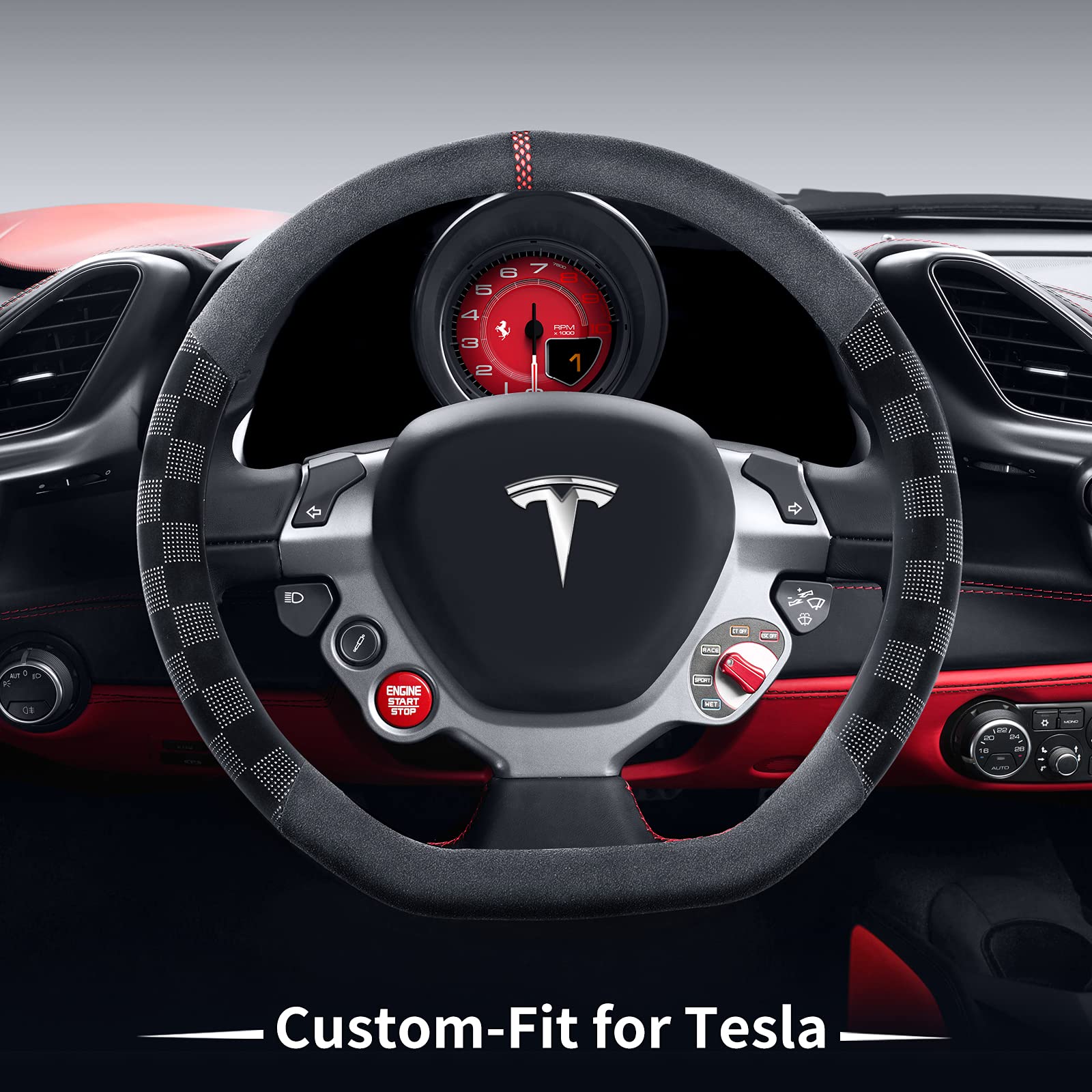 Premium Non-Slip Microfiber Leather Steering Wheel Cover for Tesla - Deer Route Anti-Slip Design, Fashion Black D-Shape Sports Style - Perfect for Daily Commuting & Long Road Trips