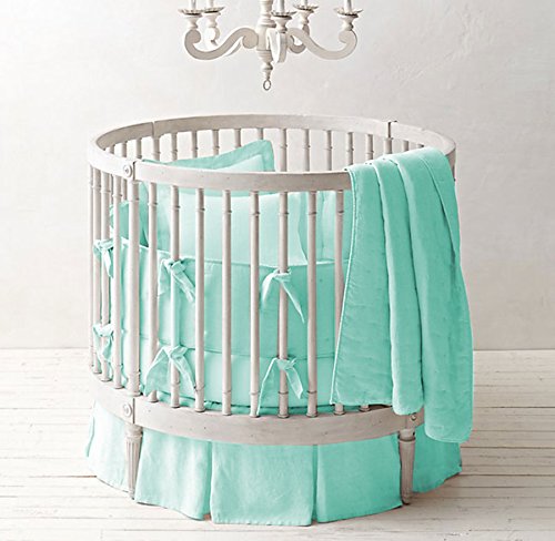 Premium 500 TC Egyptian Cotton Unisex Nursery Baby Bedding Set - Round Crib with Multi-Pleated Skirt in Solid Aqua | Soft & Breathable for Newborns & Toddlers | Perfect for Gender-Neutral Nursery Decor & Baby Shower Gifts