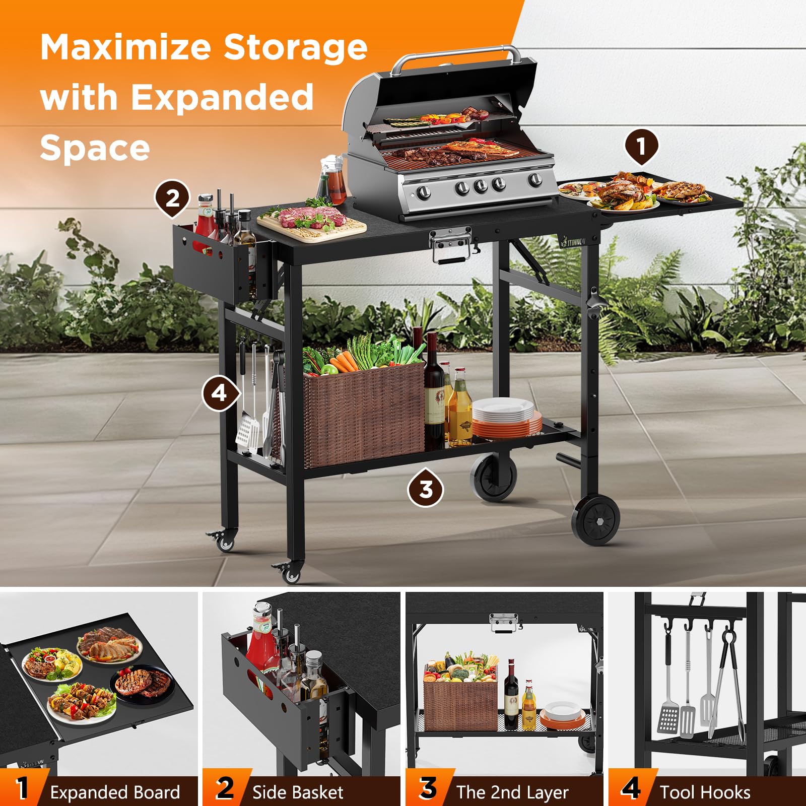 Portable Foldable BBQ Grill Cart with Wheels - Outdoor Cooking Prep Table for Blackstone Griddle 17