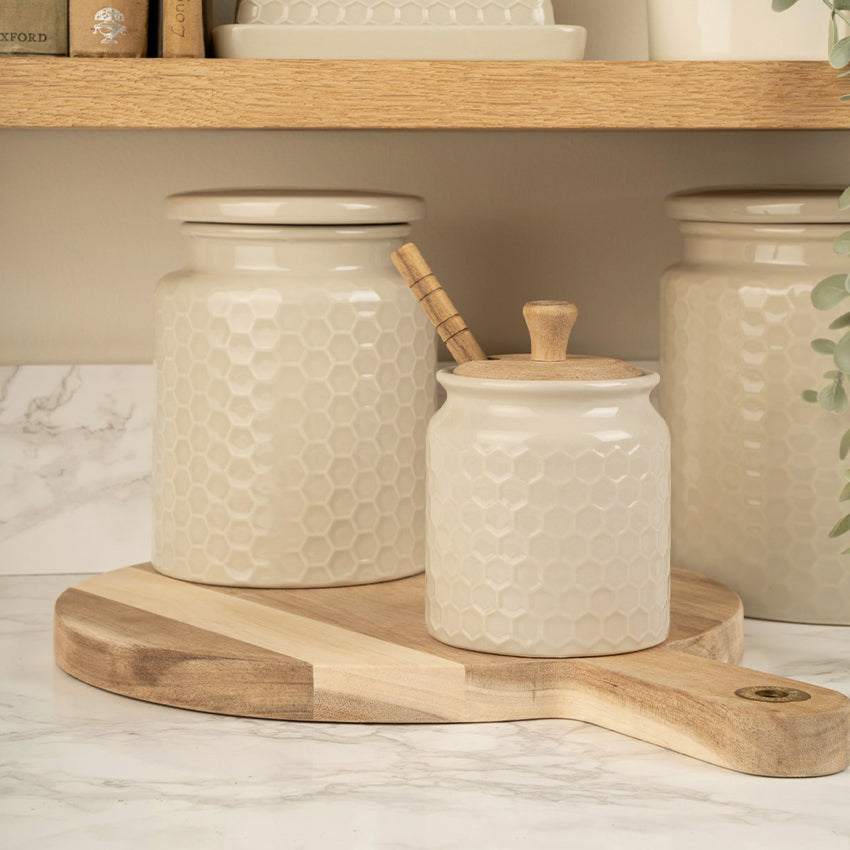 David Shaw Premium Ceramic Honey Pot with Drizzler - Grey | Elegant Honey Dispenser for Tea, Toast & Desserts | Perfect for Kitchen, Breakfast & Gifting
