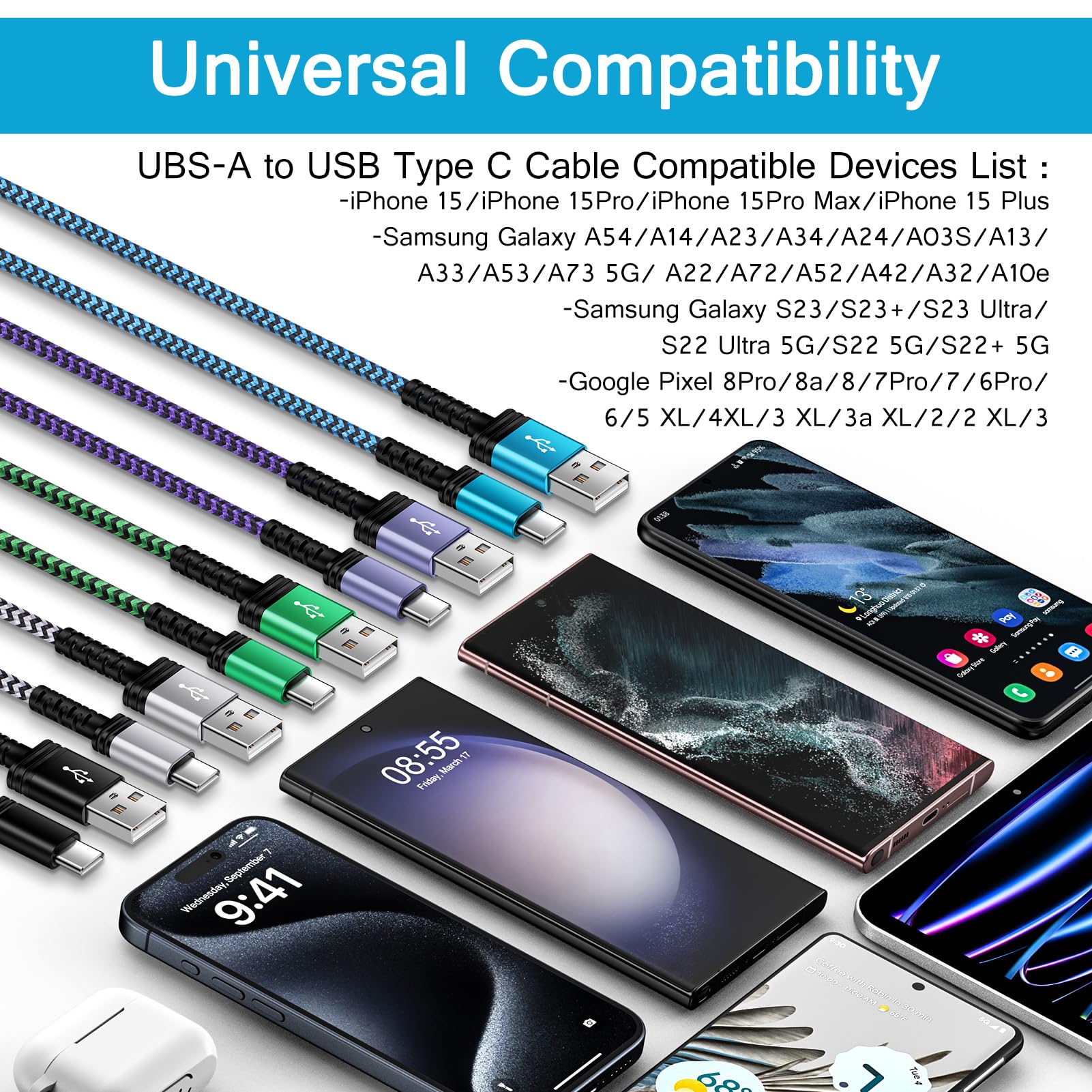 Fast Charging USB A to USB C Car Charger Cable [1.5ft/3ft/6ft] - Compatible with iPhone 15/15 Pro/15 Pro Max/15 Plus, Google Pixel 8a/8/7a/6a, Samsung Galaxy S24/S23/S22 - Perfect for Road Trips & Daily Commutes