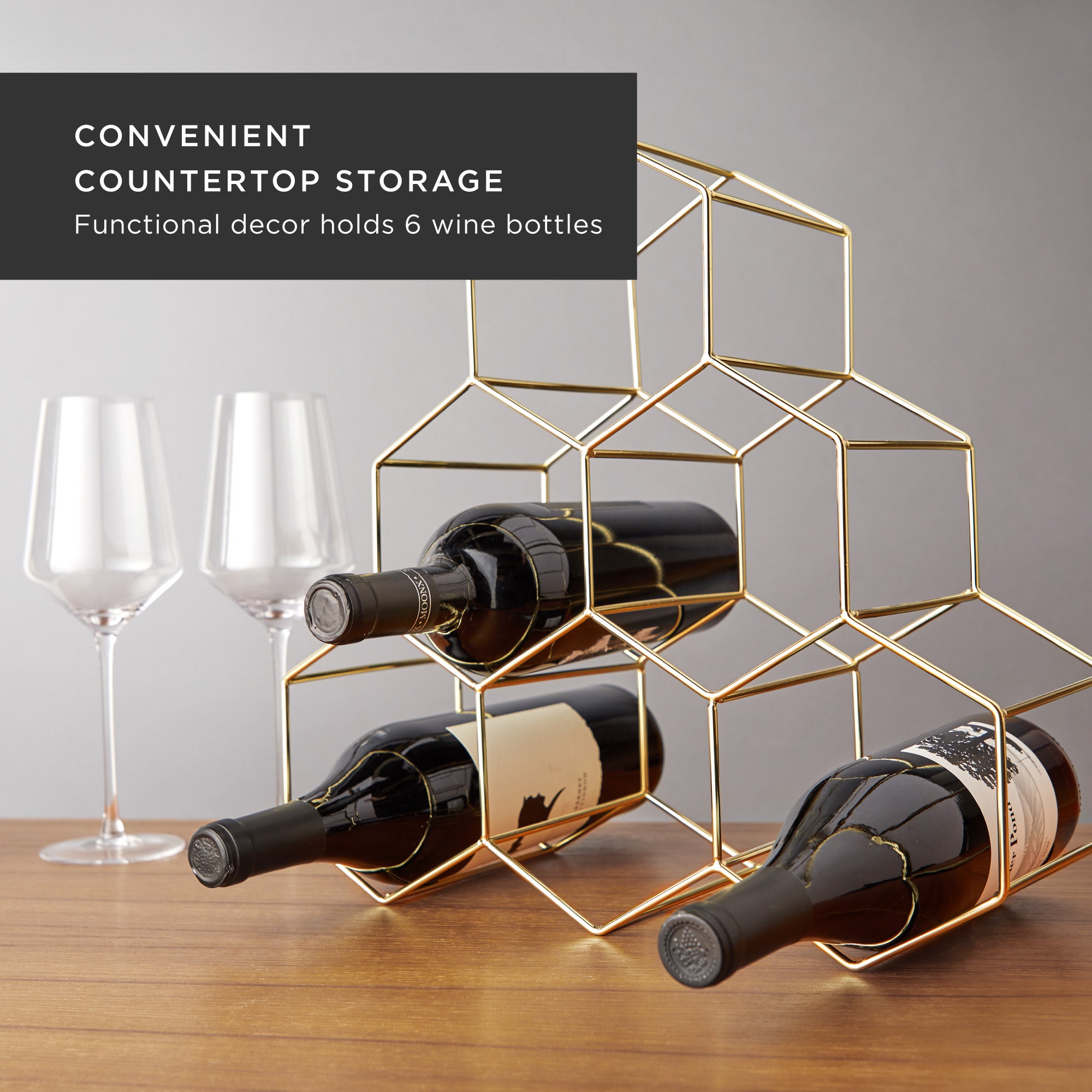 Stylish Gold Geo Countertop Wine Rack - Modern Decorative Holder for 6 Bottles - Perfect for Kitchen, Dining Room, Bar & Home Decor