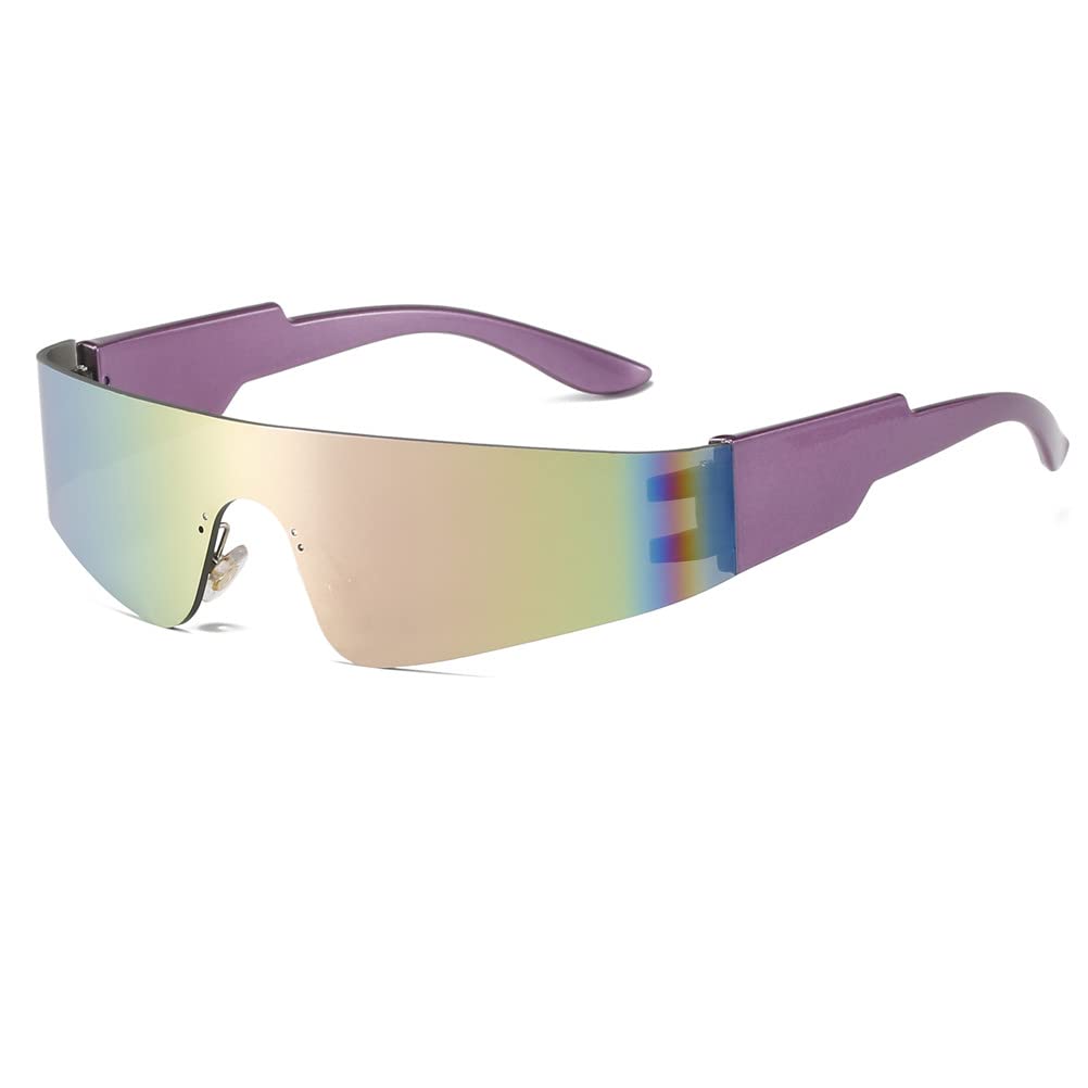 Y2K Futuristic Wrap Around Sunglasses for Men & Women - Purple Frame with Mirror Pink Lens - Cyberpunk Visor Monoblock Cyclops Shades for Rave, Cosplay, and Streetwear Fashion