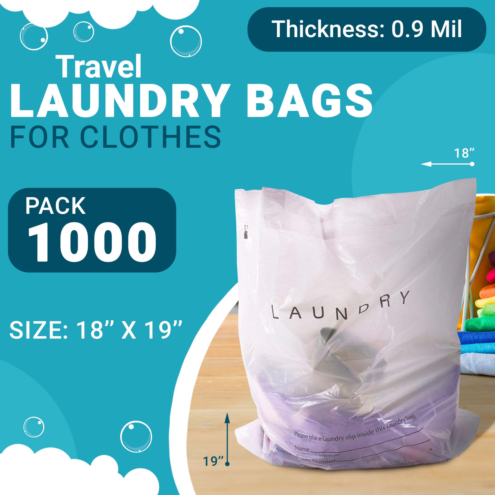 1000 Pack Disposable Travel Laundry Bags - 18x19x4 Inch White Hotel Plastic Bags for Dirty Clothes, 0.9 Mil Semi-Translucent Drawstring Bags with Write-On Block - Perfect for Hotels, Hospitals, Gyms & Travel Organization