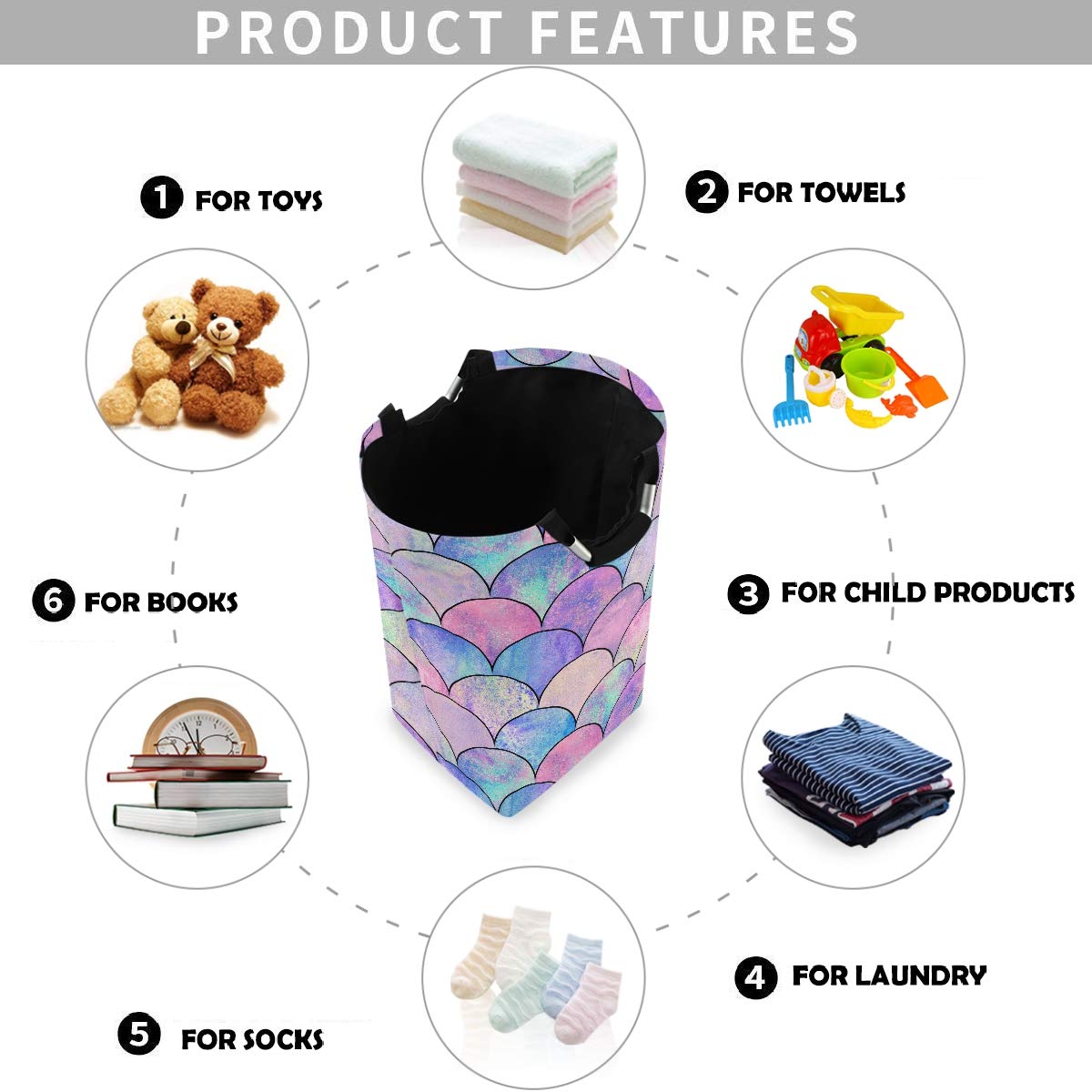 Visesunny Large Laundry Hamper Basket - Water-Resistant Oxford Cloth Storage Organizer with Magic Mermaid Scale Design for Bedroom, Bathroom, Dorm & Kids Room | Perfect for Clothes, Toys & Home Organization