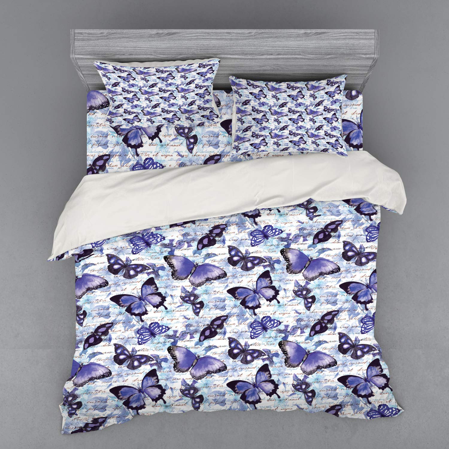 Ambesonne Vintage Butterfly Floral Duvet Cover Set - 3 Piece King Size Bedding with Sham & Fitted Sheet in Pale Blue Violet Black | Retro Home Decor for Master Bedroom, Guest Room & Bohemian Style Interior
