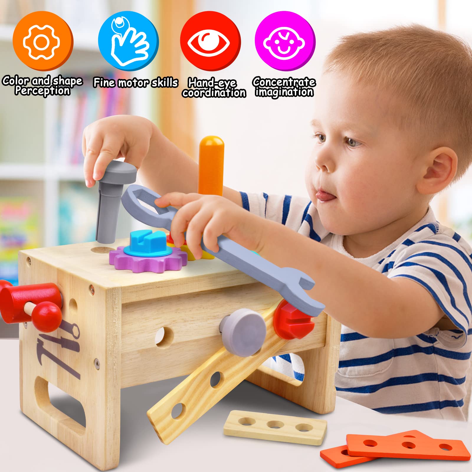 29-Piece Wooden Montessori Tool Set STEM Toys for Toddlers Ages 2-5 - Educational Pretend Play with Tool Bench - Perfect Birthday Gift for Kids | Learning Through Play, Fine Motor Skills Development, Early Childhood Education
