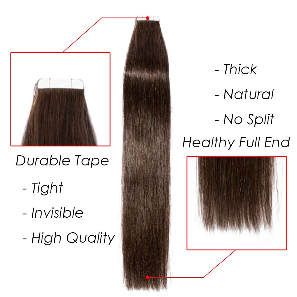 24 Inch Tape in Hair Extensions - 100% Remy Human Hair - 40 PCS 100g Dark Brown (#02) - Seamless Skin Weft for Long Straight Hair - Perfect for Weddings, Parties & Daily Styling