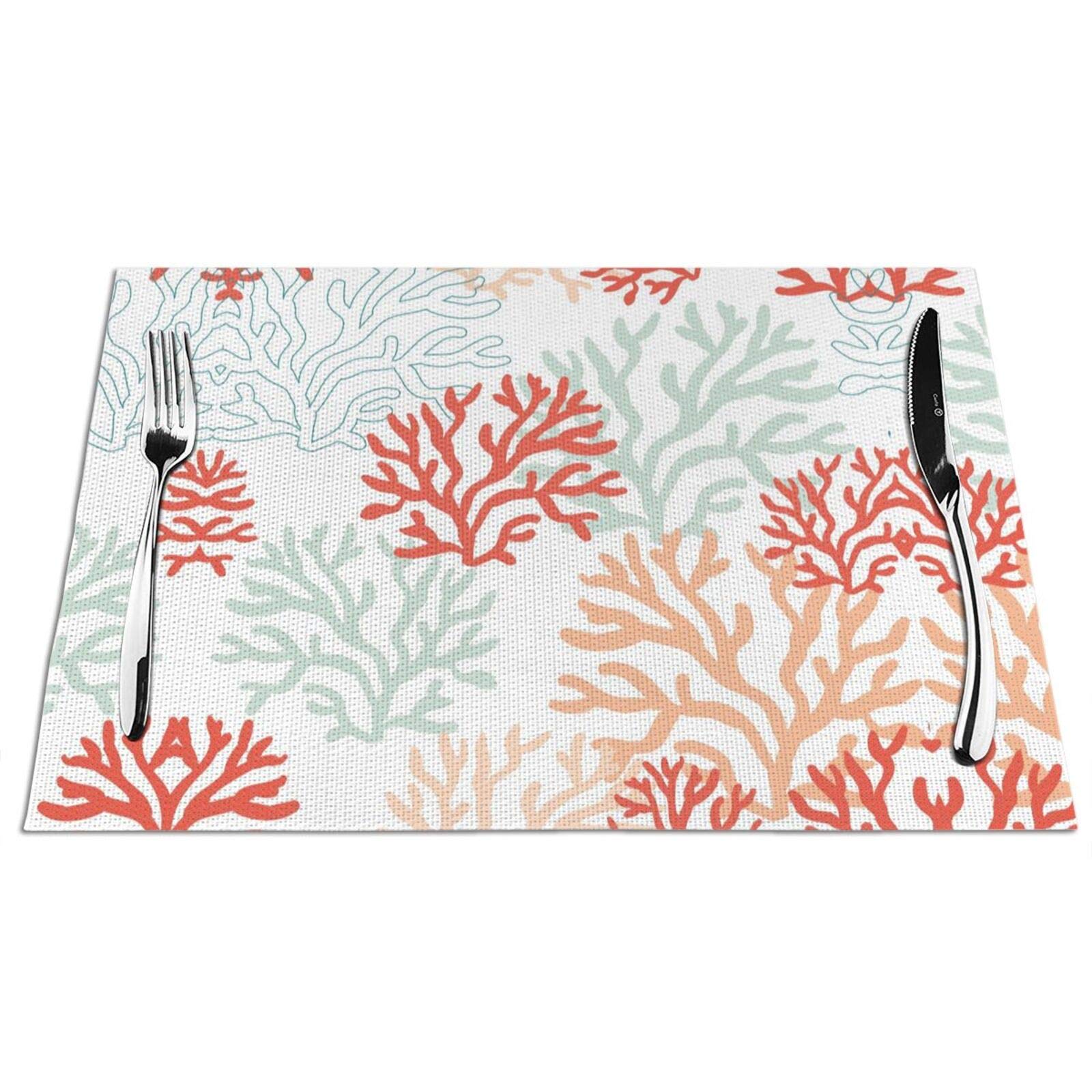 6-Piece Colorful Coral Reef PVC Placemats Set - Watercolor Tropical Design in Pink, Orange & Mint Green | Heat-Resistant Dining Table Mats for Beach House, Nautical Theme & Christmas Decor