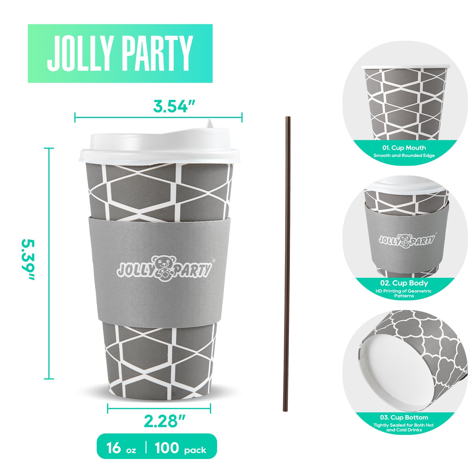 100 Sets 16 oz Disposable Paper Coffee Cups with Lids, Sleeves & Straws - Hot/Cold Beverage Drinking Cups for Coffee, Tea, Water - Perfect for Office, Travel, Cafes & Takeout