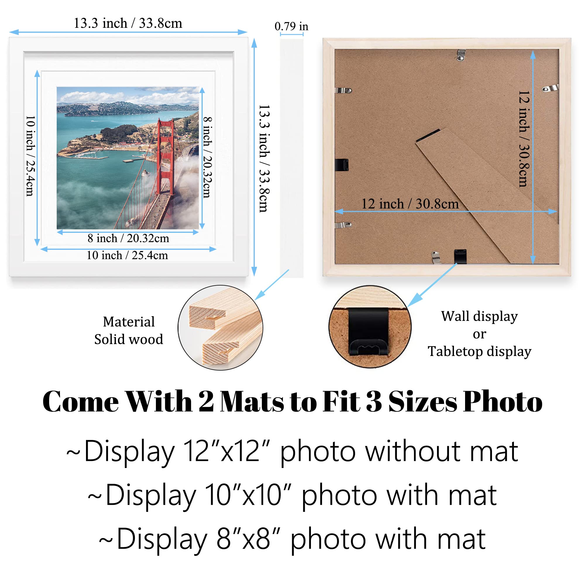 12x12 Wood Picture Frames - Wall or Tabletop Display for 8x8/10x10 Photos - Perfect for Home Decor, Weddings & Gifts