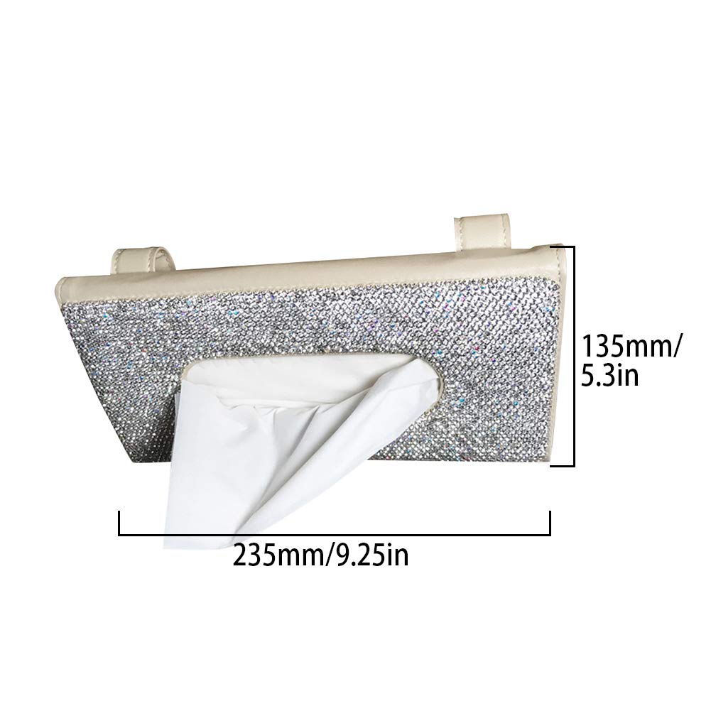 Sparkling Rhinestone PU Leather Napkin Holder & Car Tissue Box Organizer - Elegant Beige & White Hanging Backseat Sun Visor Storage for Cars | Perfect for Road Trips, Daily Commutes & Luxury Vehicle Decor