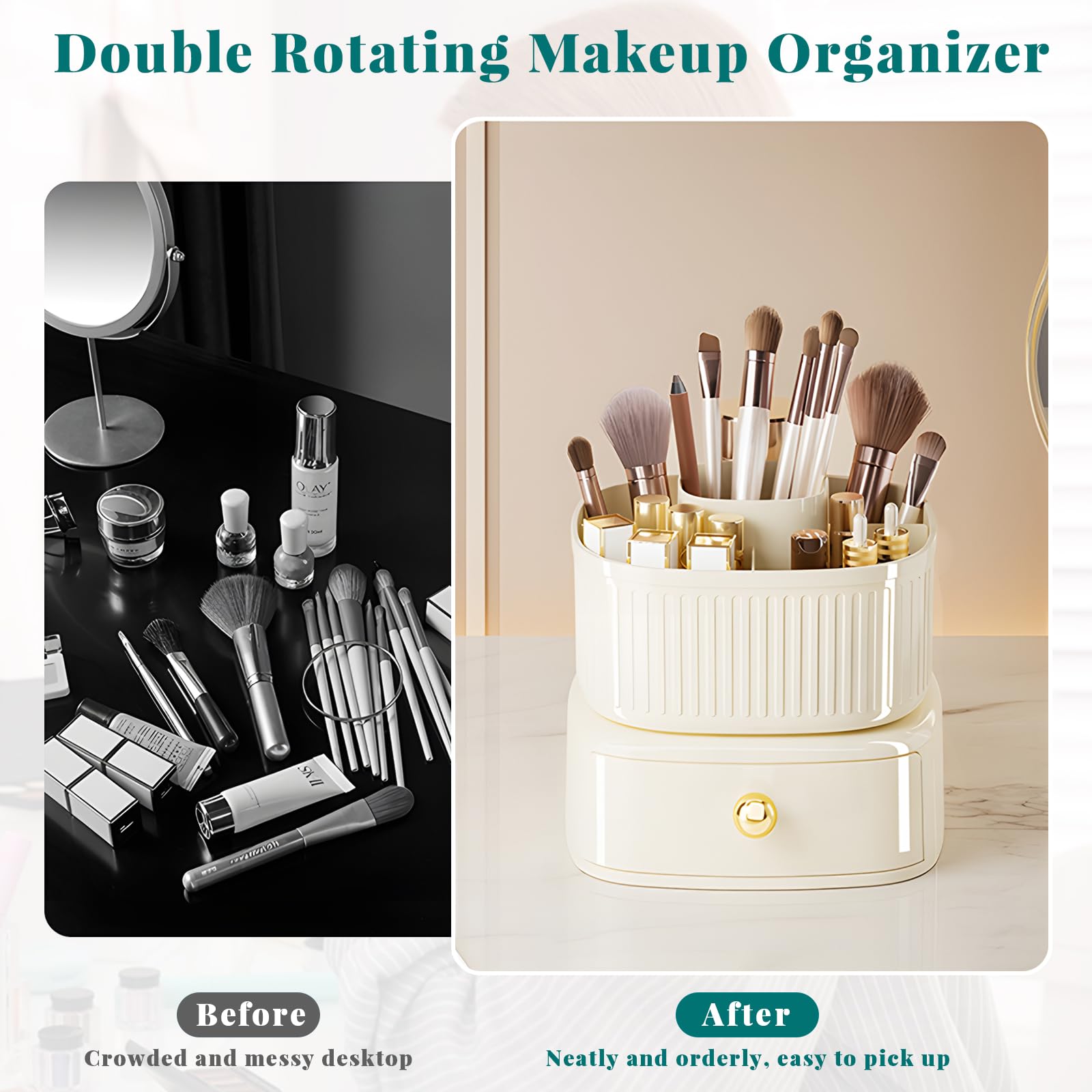 360° Rotating Makeup Brush Holder with 5 Slots & Drawer - Cream Vanity Organizer for Cosmetics | Perfect for Makeup Brushes, Lipsticks & Beauty Tools on Dressing Table or Bathroom Counter