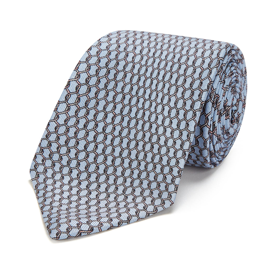 Elegant Pale Blue and White Rope Knot Printed Silk Necktie for Men - Perfect for Weddings, Business Meetings & Formal Occasions