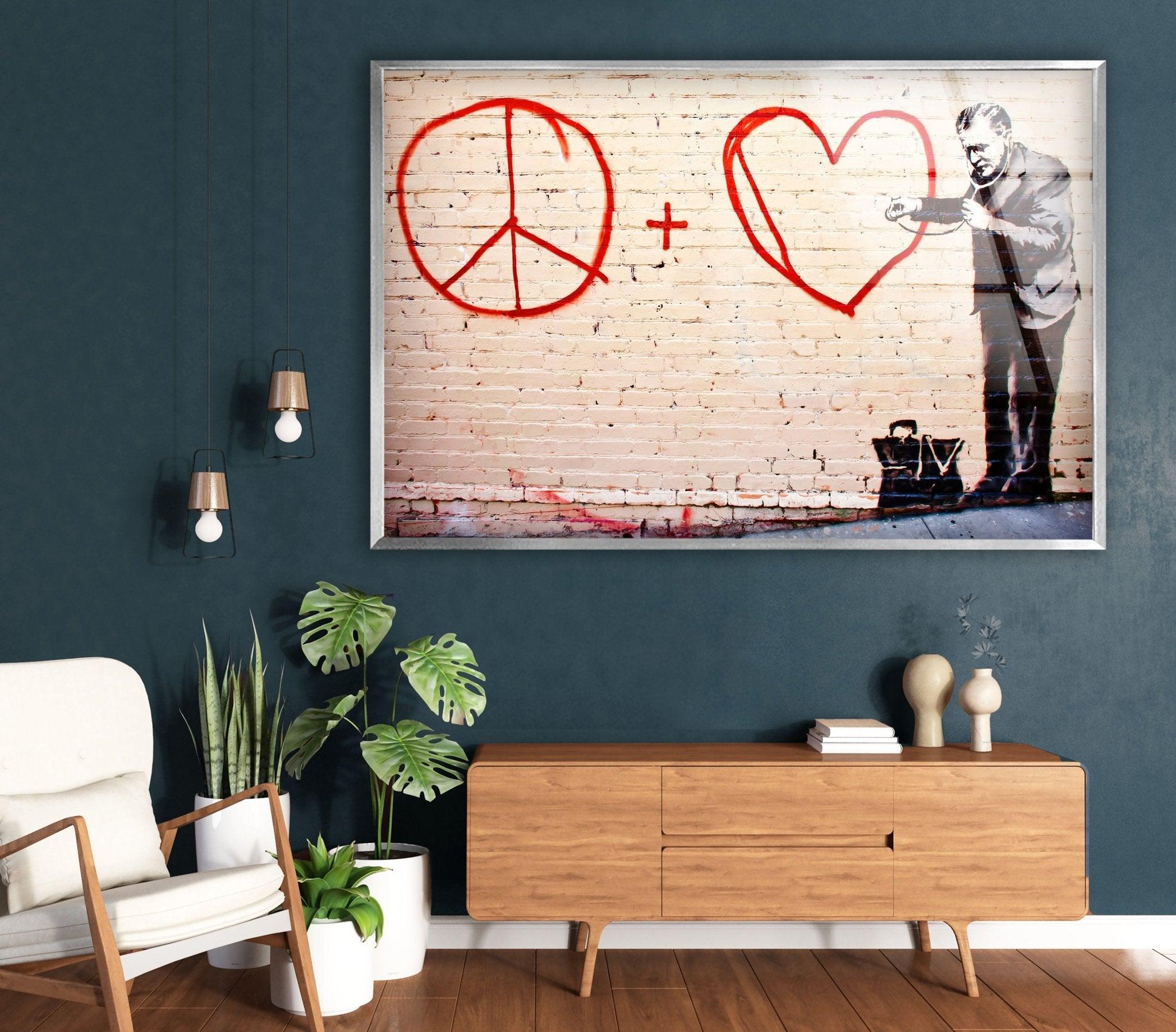 Banksy Peace and Love Glass Wall Art - Modern Home Decor for Living Room, Bedroom & Office - Unique Street Art Inspired Glass Panel