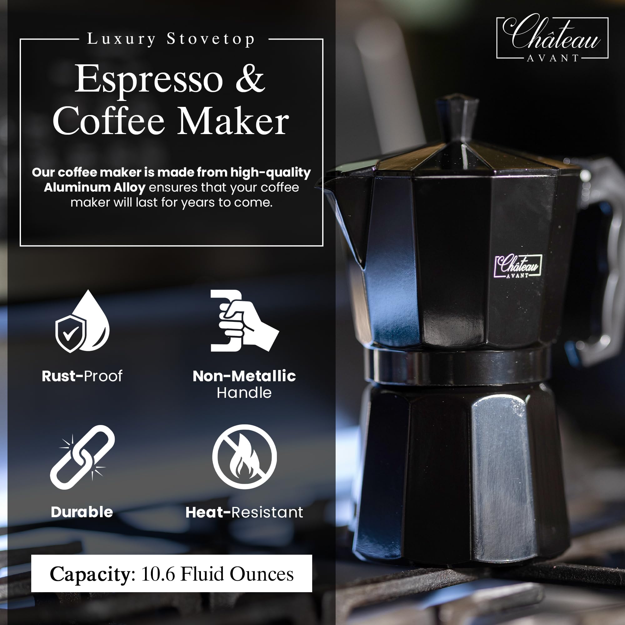 Stovetop Moka Espresso Coffee Maker - 10.6oz Aluminum Italian Coffee Pot for Rich Full-Body Brew - Perfect for Home, Office & Camping Use