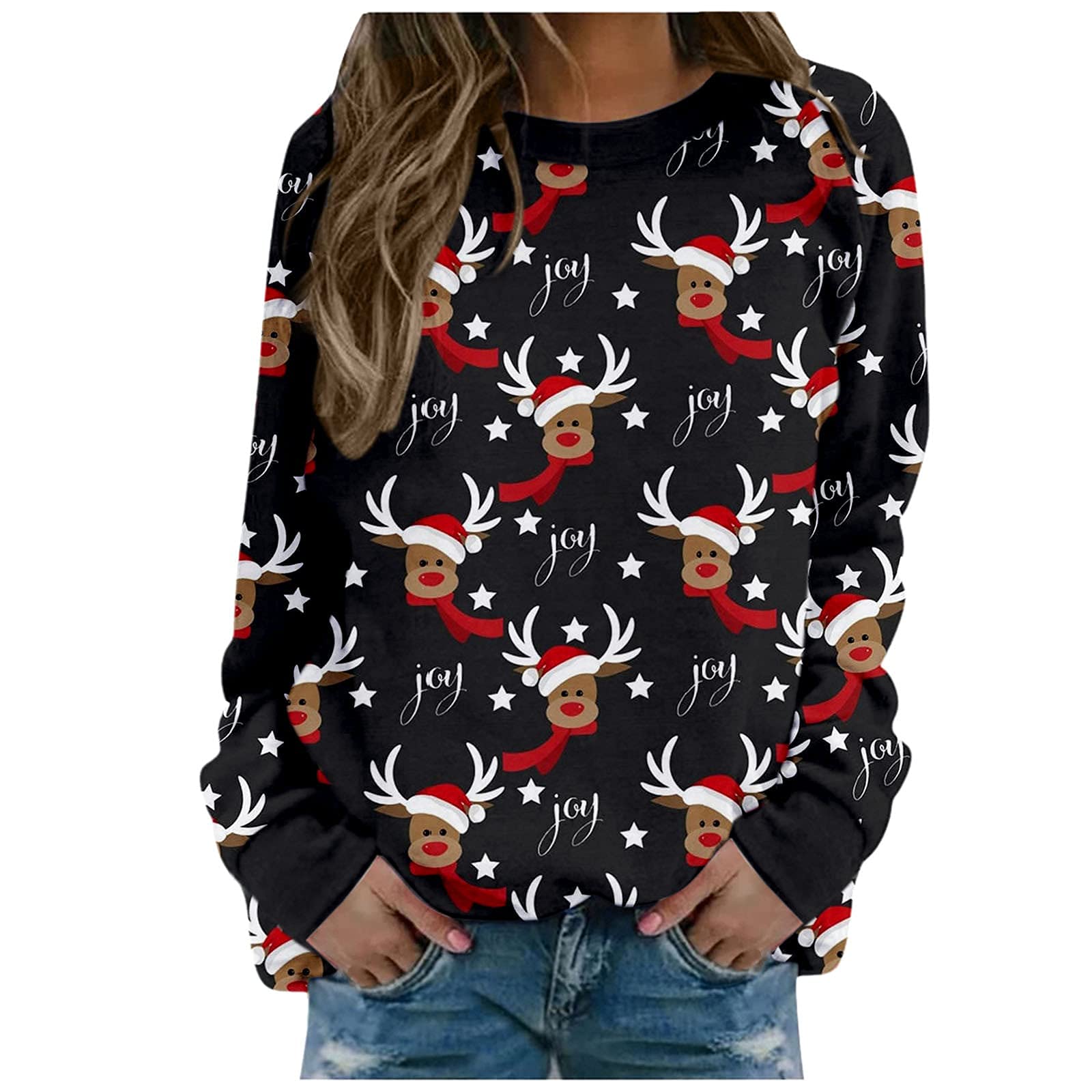 Vintage Christmas Deer Print Women's Long Sleeve Pullover Sweatshirt - Cozy Loose Fit Cute Top for Casual Wear, Holiday Outfits & Outdoor Activities