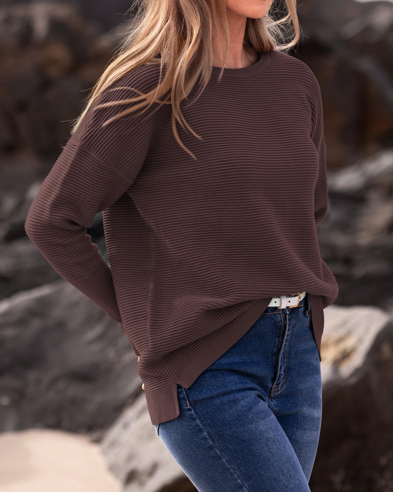 BTFBM Women's Casual Ribbed Knit Pullover Sweater - Long Sleeve Loose Crewneck Batwing Split Top for Fall 2025 | Perfect for Autumn Layering, Office Wear & Weekend Outfits