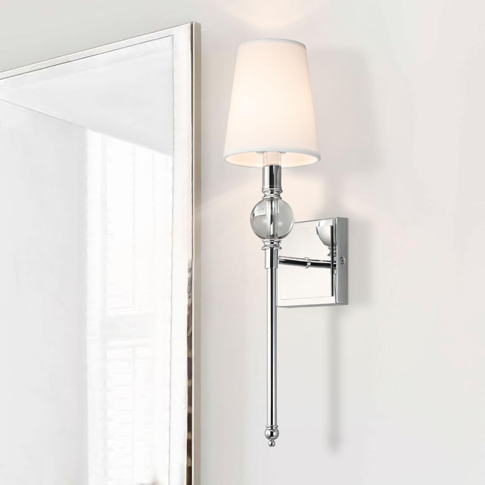 XiNBEi Modern Wall Light Set of 2 - White Fabric Shade & Chrome Finish with Crystal Ball Accent - Bedroom, Bathroom Vanity, Living Room, Corridor, Kitchen Lighting - Perfect for Ambient & Task Lighting in Home Decor