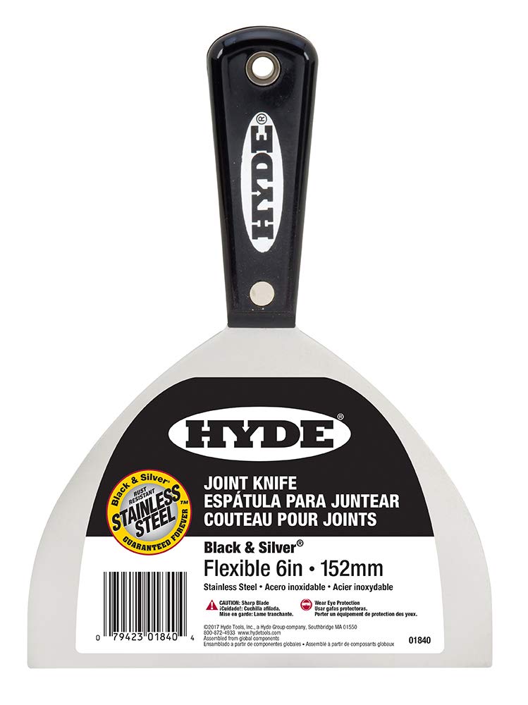 Hyde 01840 6-Inch Flexible Black & Silver Stainless Steel Drywall Joint Knife - Perfect for Drywall Repair, Spackling, and DIY Home Improvement Projects