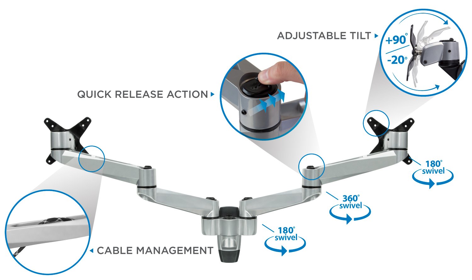Mount-It! Premium Modular Dual Monitor Wall Mount Arms - Adjustable Tilt Swivel VESA Mount for 13-27 Inch Screens (75x75/100x100mm) - Silver | Perfect for Home Office, Gaming Setup & Workspace Ergonomics