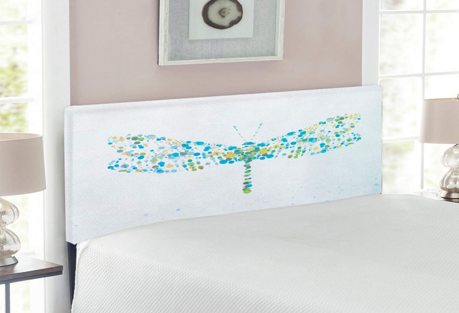 Ambesonne Dragonfly Headboard - Futuristic Digital Winged Insect Design with Spots & Dots, Upholstered Decorative Metal Bed Frame with Memory Foam, Full Size in Blue-Green | Perfect for Modern Bedroom Decor & Nature-Inspired Home Interiors