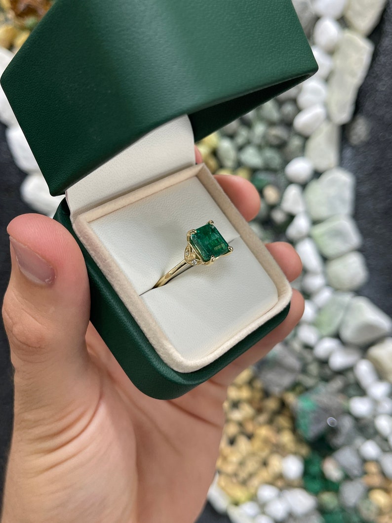 3.51tcw 14K Gold Natural Emerald Cut Diamond Accent Floral Engagement Ring for Women - Perfect for Proposals, Anniversaries & Special Occasions