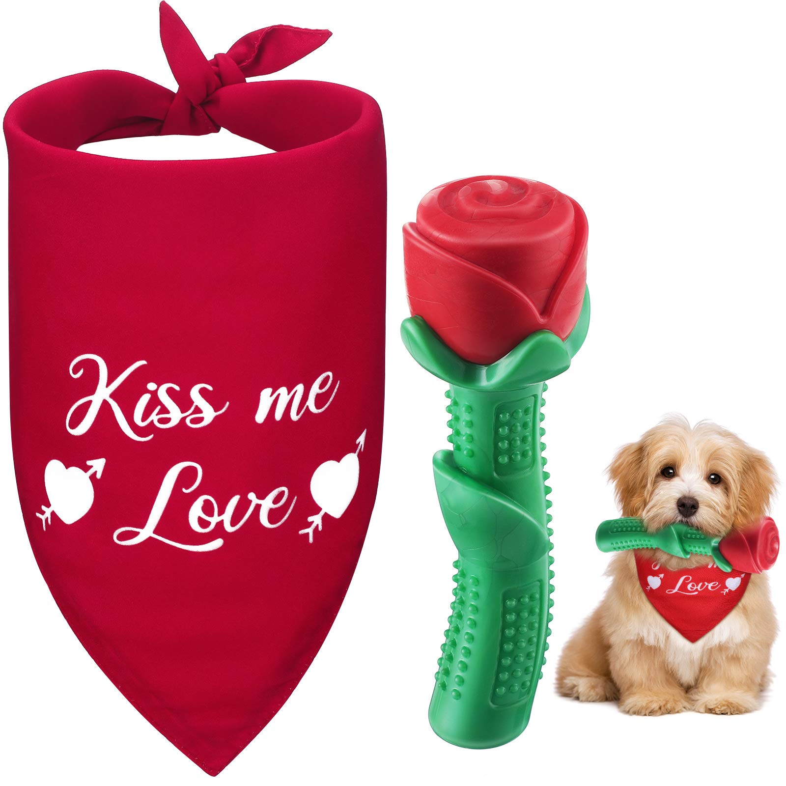 Valentine's Day Dog Chew Toys & Bandana Set - 2 Pcs Durable Rose-Shaped Chew Toys with Kisses Bandana for Small & Medium Dogs | Perfect for Valentine's Gifts, Puppy Playtime & Pet Photo Shoots