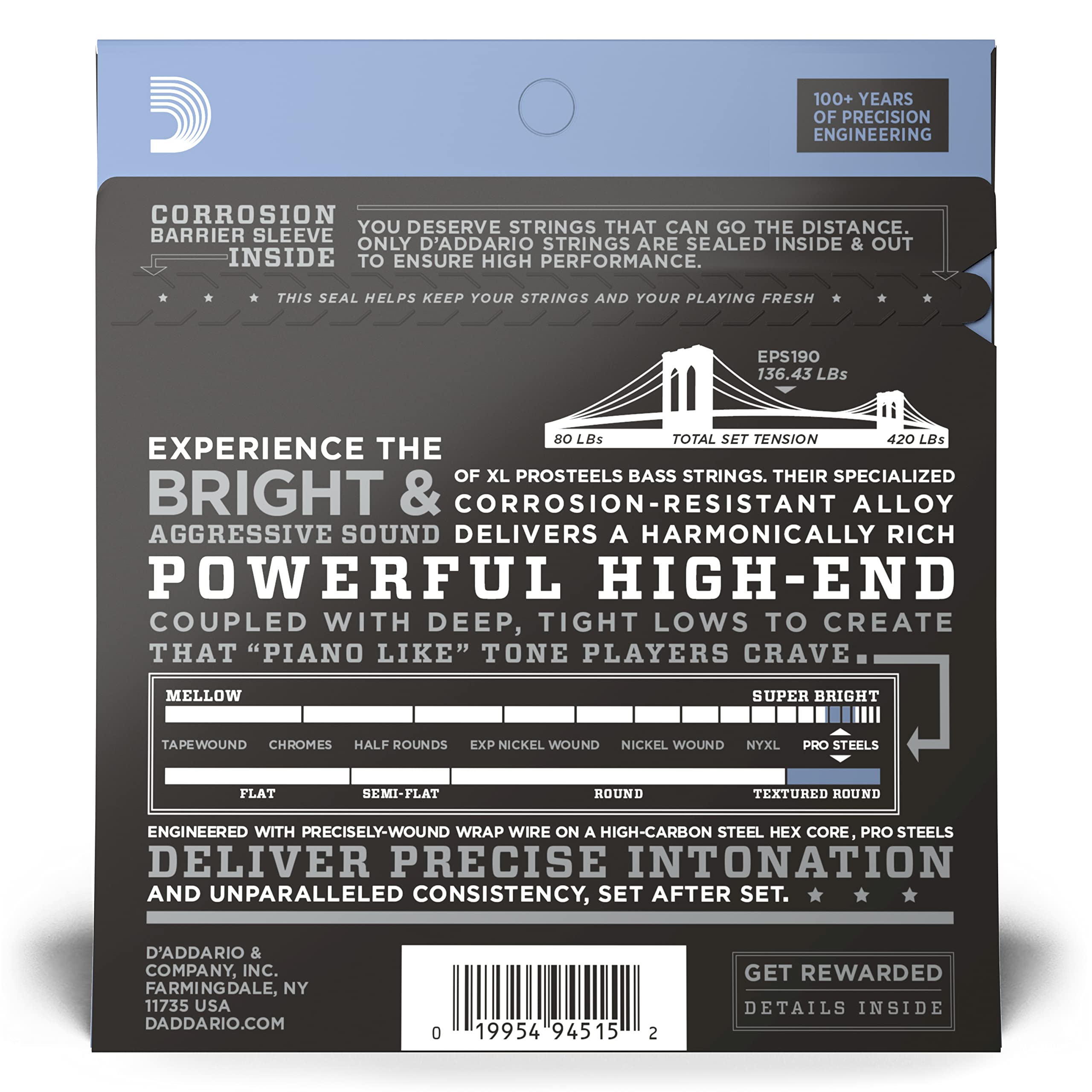 D'Addario XL Pro Steels EPS190 Bass Guitar Strings - Long Scale, Custom Light Gauge 40-100, 4-String Set (Pack of 1) - Perfect for Rock, Jazz & Studio Recording Sessions