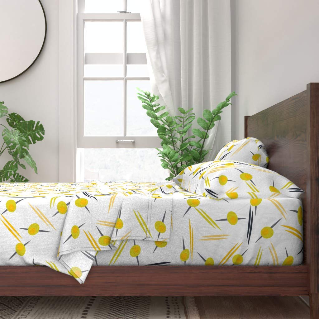 100% Cotton Twin Sheet Set 3pc - Retro Toothpicks Dream Yellow Gold Gray Olive Mod Print Custom Bedding | Soft Breathable Bed Sheets for Kids Room, Dorm, Guest Bed & Party Decor