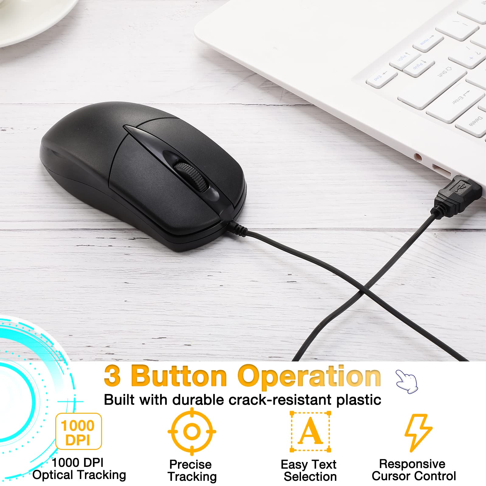Kathfly 50 Pack Black Wired USB Mice - 1000 DPI 3-Button Corded Computer Mouse for Home Office, Noiseless Plug & Play - Compatible with Laptop, Desktop PC (Great for Office Workers, Students & Gamers)