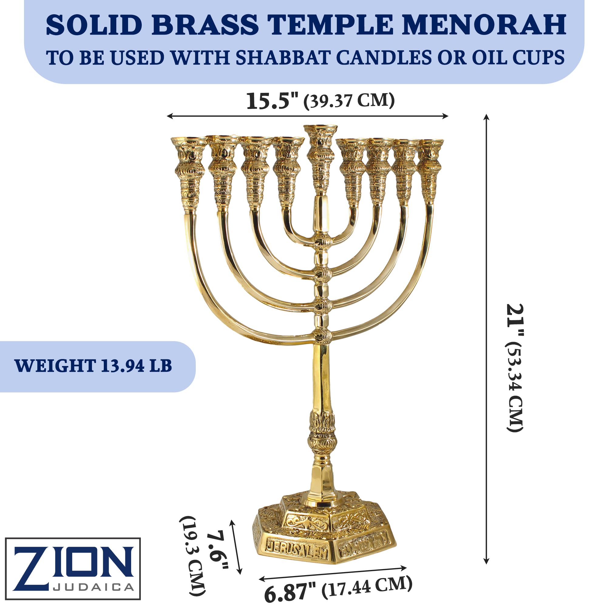 21'' Solid Brass Hanukkah Menorah - Temple Style Chanukiah for Shabbat Candles & Oil Cups | Elegant Judaica Candelabra for Synagogue, Home & Business Decor | Perfect for Hanukkah Celebrations & Jewish Holiday Displays