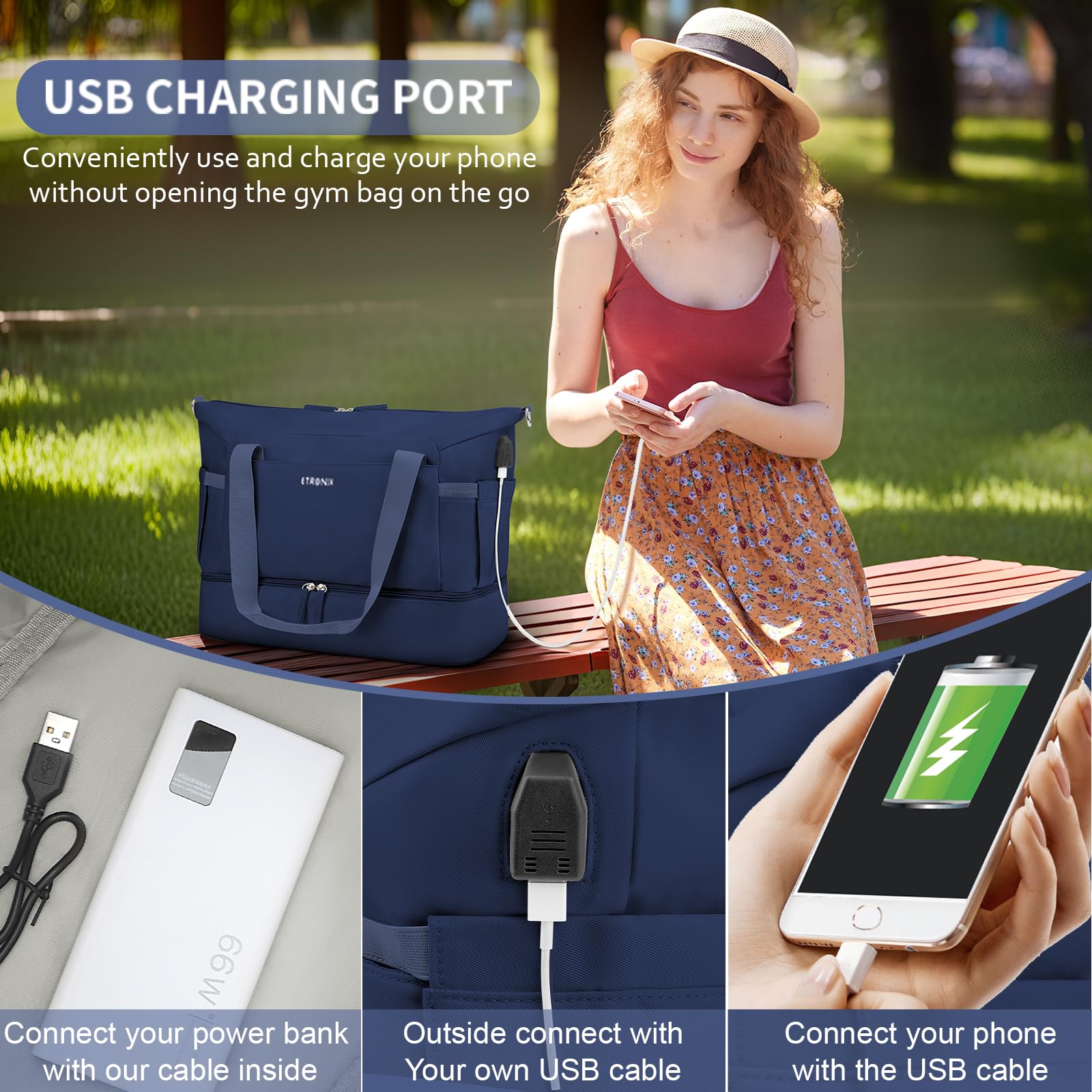 Women's Gym Bag with USB Charging Port - Large Sports Duffel Bag for Travel, Yoga & School - Waterproof Wet Pocket & Shoe Compartment - Perfect for Workouts, Weekend Trips & Sports Travel (Dark Blue)