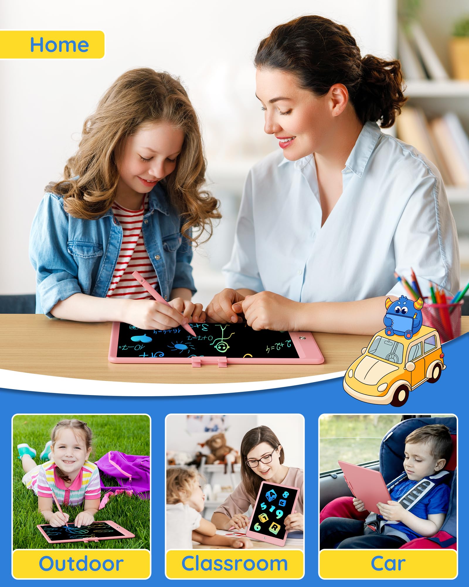 TEKFUN 10 Inch LCD Writing Tablet - Colorful Kids Drawing Pad, Mess-Free Doodle Board for Toddlers Ages 3-8 | Reusable Educational Toy Gift for Boys & Girls (Pink) | Perfect for Travel, School & Home Play