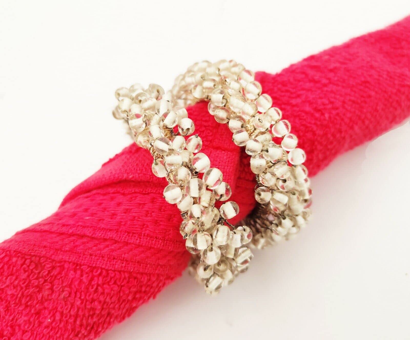 Sharvgun Set of 10 Pcs White Beaded Napkin Rings - Elegant Round Table Decor for Home Kitchen, Weddings & Dinner Parties - Perfect for Holiday Dining and Special Occasions